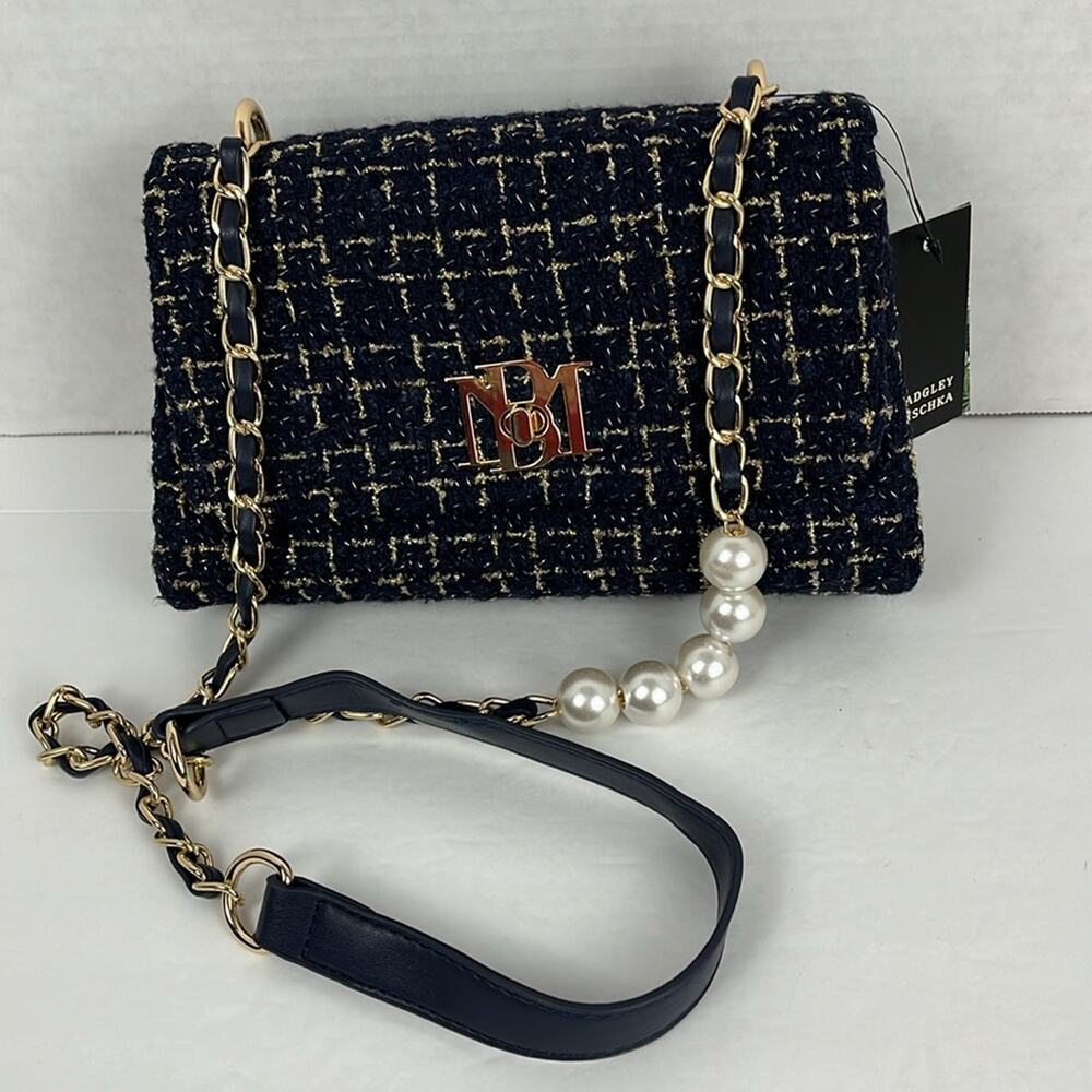Badgley Mischka Purse Navy Blue Textured Messenger Bag Crossbody Gold Accents - Picture 3 of 11